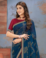Vishal Prints Dark Navy Blue Designer Brasso Saree With Zari Border