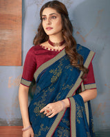 Vishal Prints Dark Navy Blue Designer Brasso Saree With Zari Border