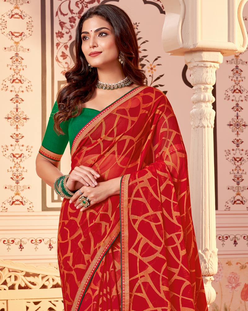 Vishal Prints Dark Red Designer Brasso Saree With Zari Border