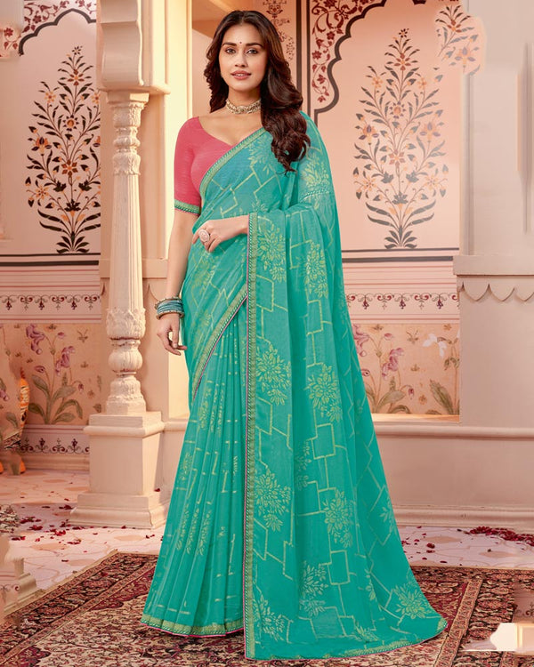 Vishal Prints Aqua Green Designer Brasso Saree With Zari Border