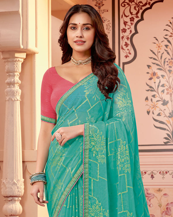 Vishal Prints Aqua Green Designer Brasso Saree With Zari Border