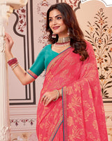 Vishal Prints Pastel Red Designer Brasso Saree With Zari Border