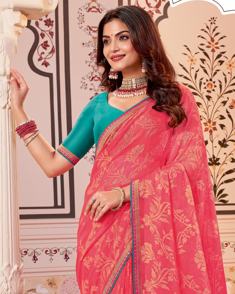 Vishal Prints Pastel Red Designer Brasso Saree With Zari Border