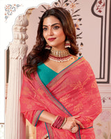 Vishal Prints Pastel Red Designer Brasso Saree With Zari Border