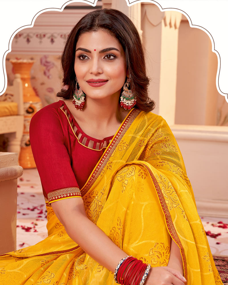 Vishal Prints Dark Yellow Designer Brasso Saree With Zari Border