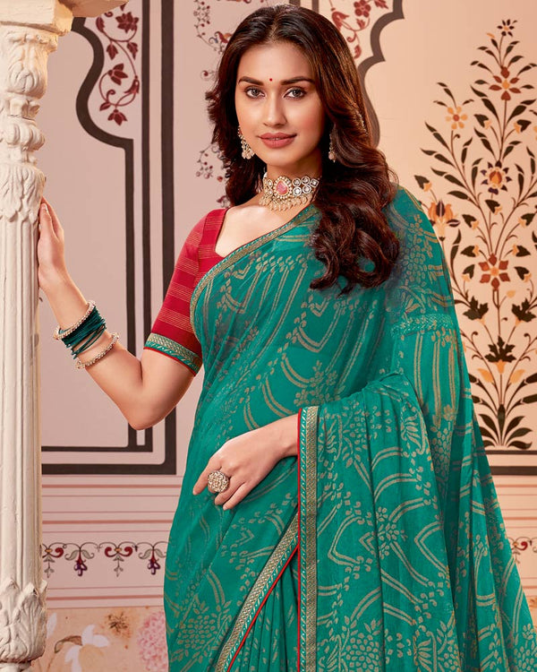 Vishal Prints Rama Green Designer Brasso Saree With Zari Border