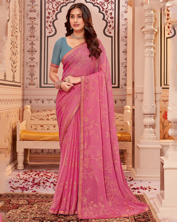 Vishal Prints Cherry Pink Designer Brasso Saree With Zari Border