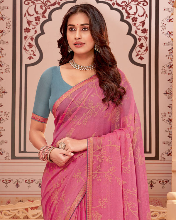 Vishal Prints Cherry Pink Designer Brasso Saree With Zari Border