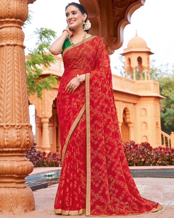 Vishal Prints Lava Red Printed Chiffon-Brasso Saree With Zari Border