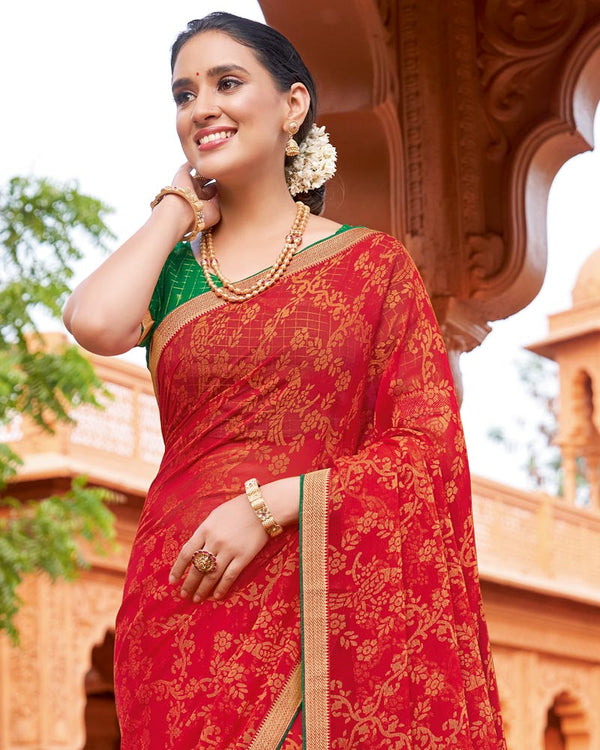 Vishal Prints Lava Red Printed Chiffon-Brasso Saree With Zari Border