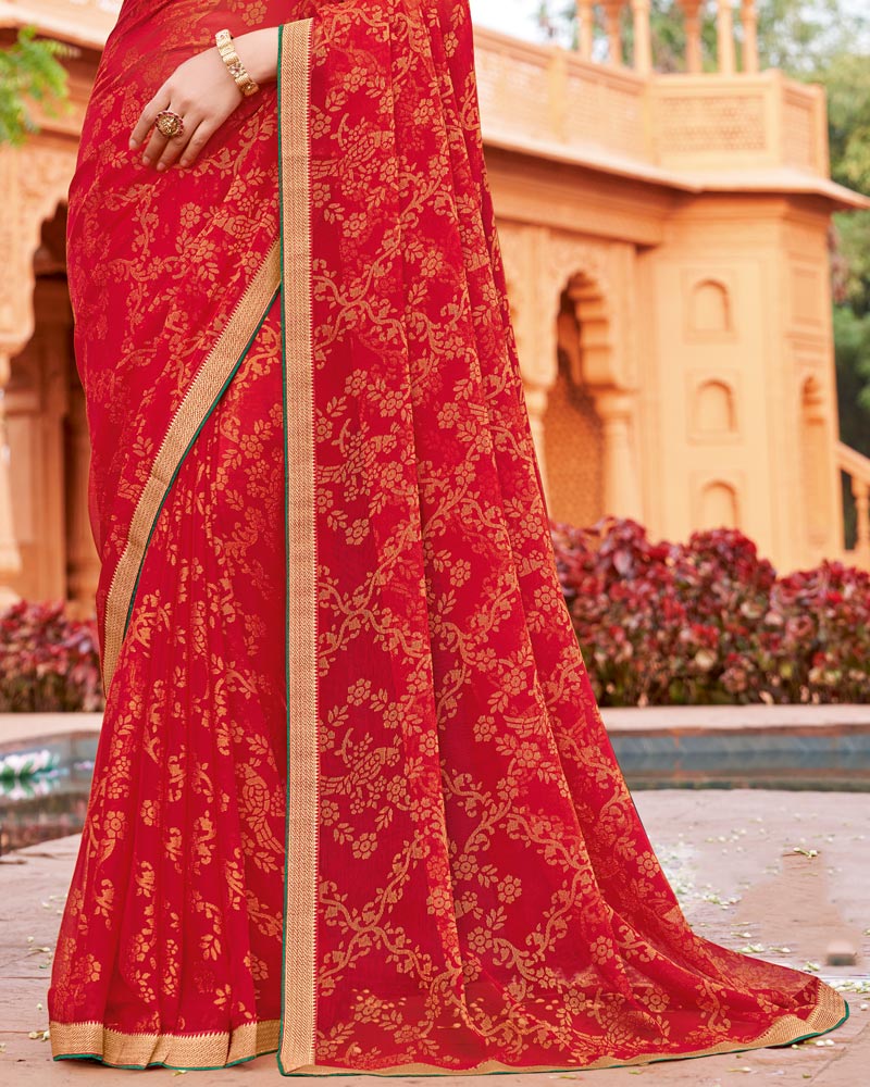 Vishal Prints Lava Red Printed Chiffon-Brasso Saree With Zari Border