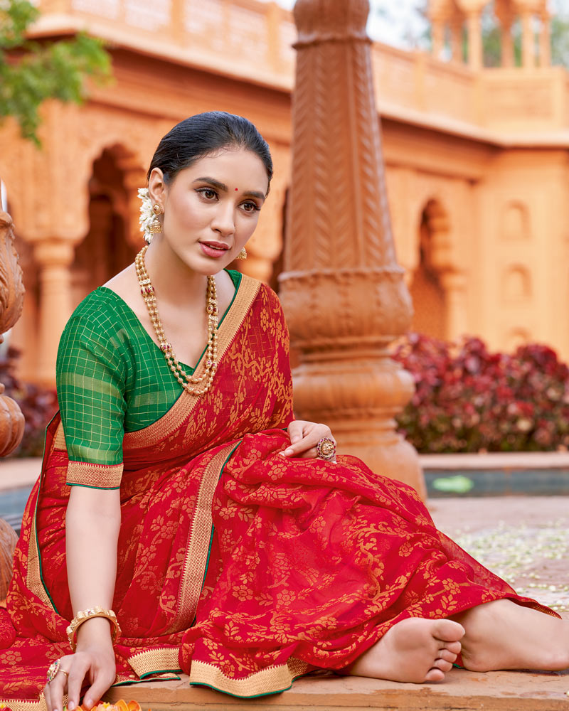 Vishal Prints Lava Red Printed Chiffon-Brasso Saree With Zari Border