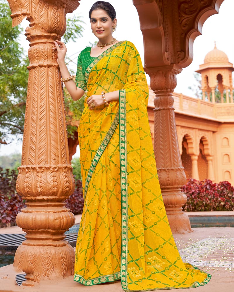 Vishal Prints Golden Yellow Printed Chiffon-Brasso Saree With Zari Border