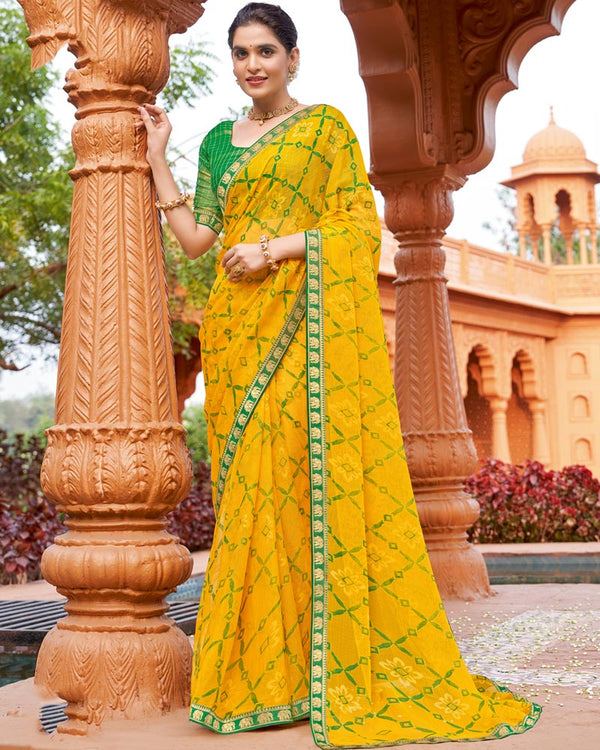 Vishal Prints Golden Yellow Printed Chiffon-Brasso Saree With Zari Border