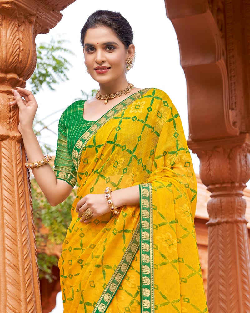 Vishal Prints Golden Yellow Printed Chiffon-Brasso Saree With Zari Border