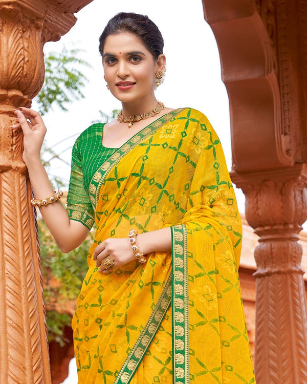 Vishal Prints Golden Yellow Printed Chiffon-Brasso Saree With Zari Border