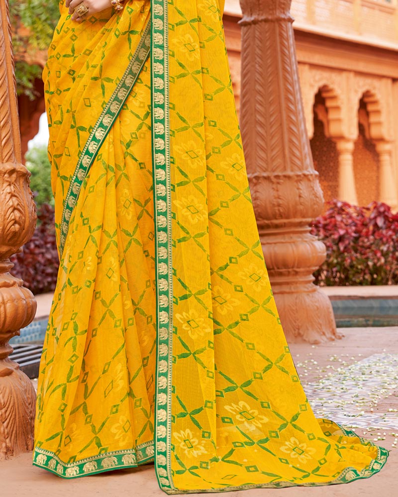 Vishal Prints Golden Yellow Printed Chiffon-Brasso Saree With Zari Border