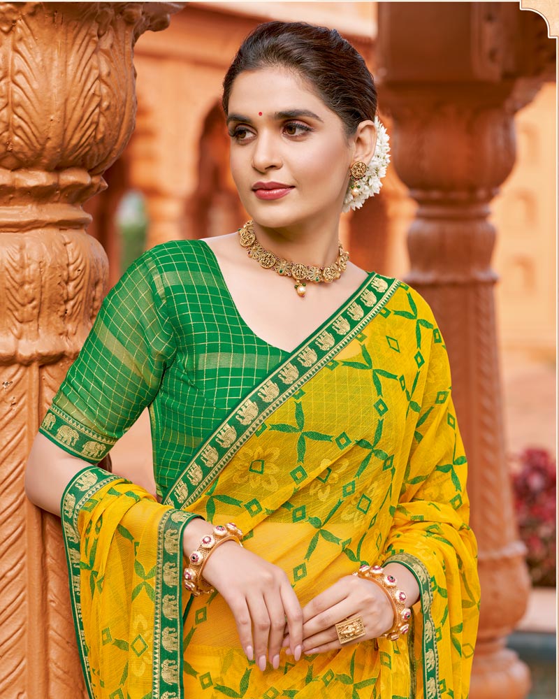 Vishal Prints Golden Yellow Printed Chiffon-Brasso Saree With Zari Border