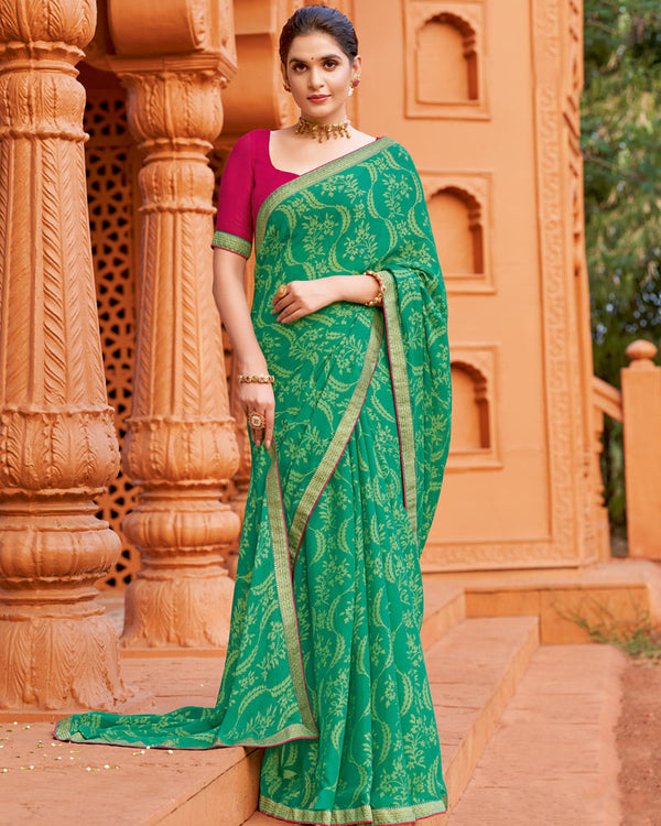 Vishal Prints Jade Green Printed Chiffon-Brasso Saree With Zari Border