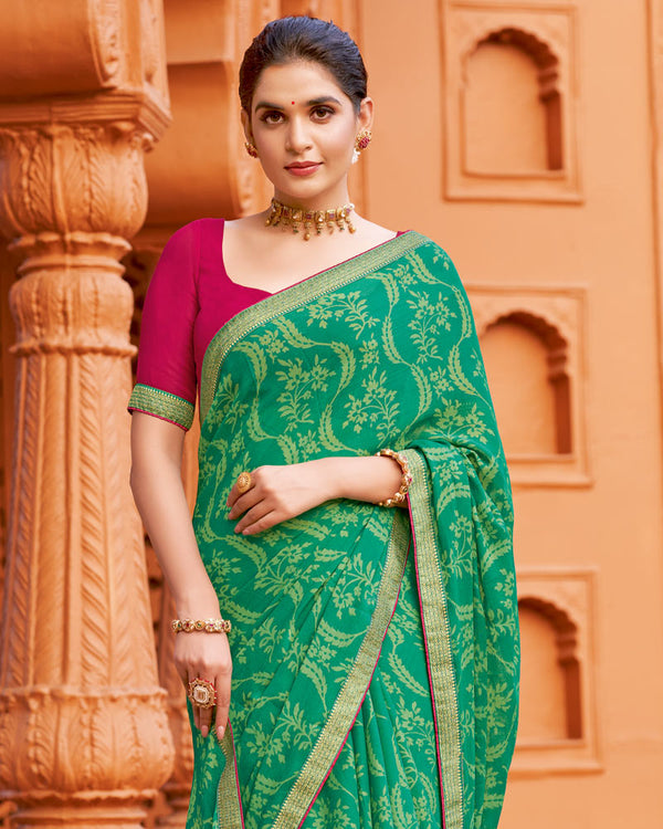 Vishal Prints Jade Green Printed Chiffon-Brasso Saree With Zari Border
