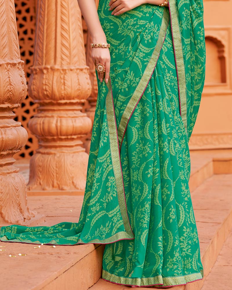 Vishal Prints Jade Green Printed Chiffon-Brasso Saree With Zari Border