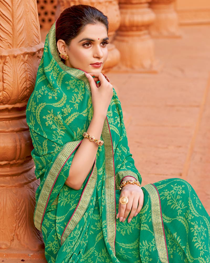 Vishal Prints Jade Green Printed Chiffon-Brasso Saree With Zari Border