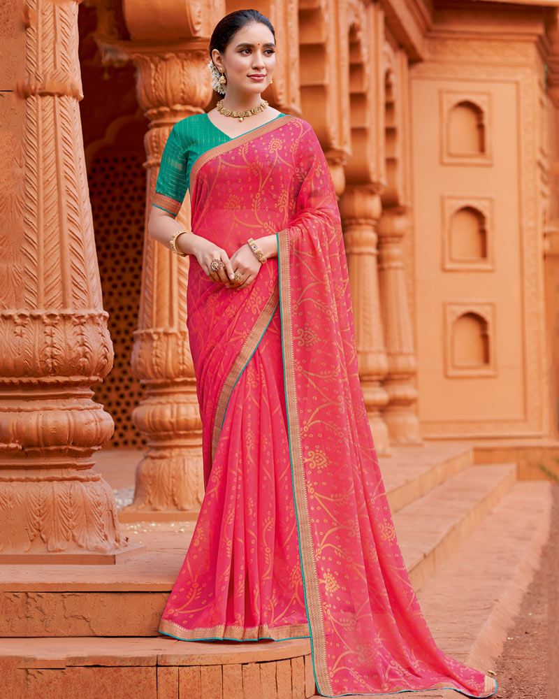 Vishal Prints Mandy Pink Printed Chiffon-Brasso Saree With Zari Border