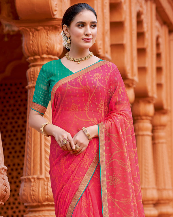 Vishal Prints Mandy Pink Printed Chiffon-Brasso Saree With Zari Border