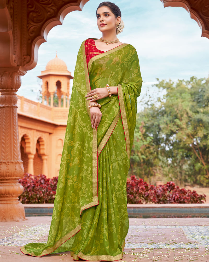Vishal Prints Mehandi Green Printed Chiffon-Brasso Saree With Zari Border