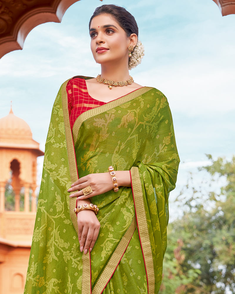 Vishal Prints Mehandi Green Printed Chiffon-Brasso Saree With Zari Border