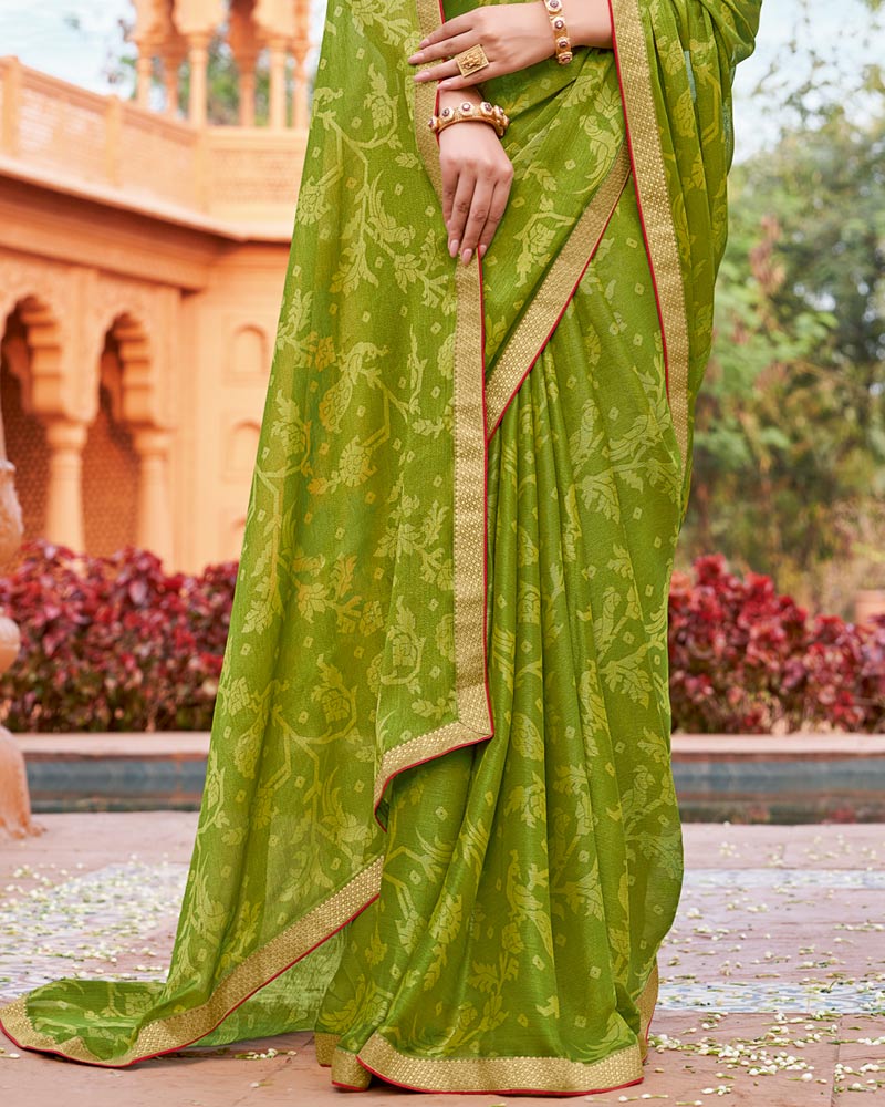 Vishal Prints Mehandi Green Printed Chiffon-Brasso Saree With Zari Border