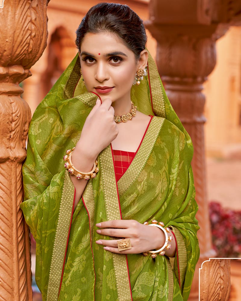 Vishal Prints Mehandi Green Printed Chiffon-Brasso Saree With Zari Border