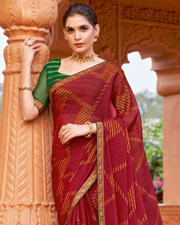 Vishal Prints Dark Brick Red Printed Chiffon-Brasso Saree With Zari Border
