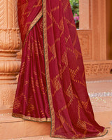 Vishal Prints Dark Brick Red Printed Chiffon-Brasso Saree With Zari Border