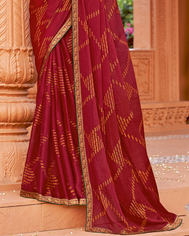 Vishal Prints Dark Brick Red Printed Chiffon-Brasso Saree With Zari Border