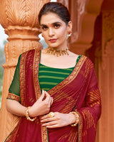 Vishal Prints Dark Brick Red Printed Chiffon-Brasso Saree With Zari Border