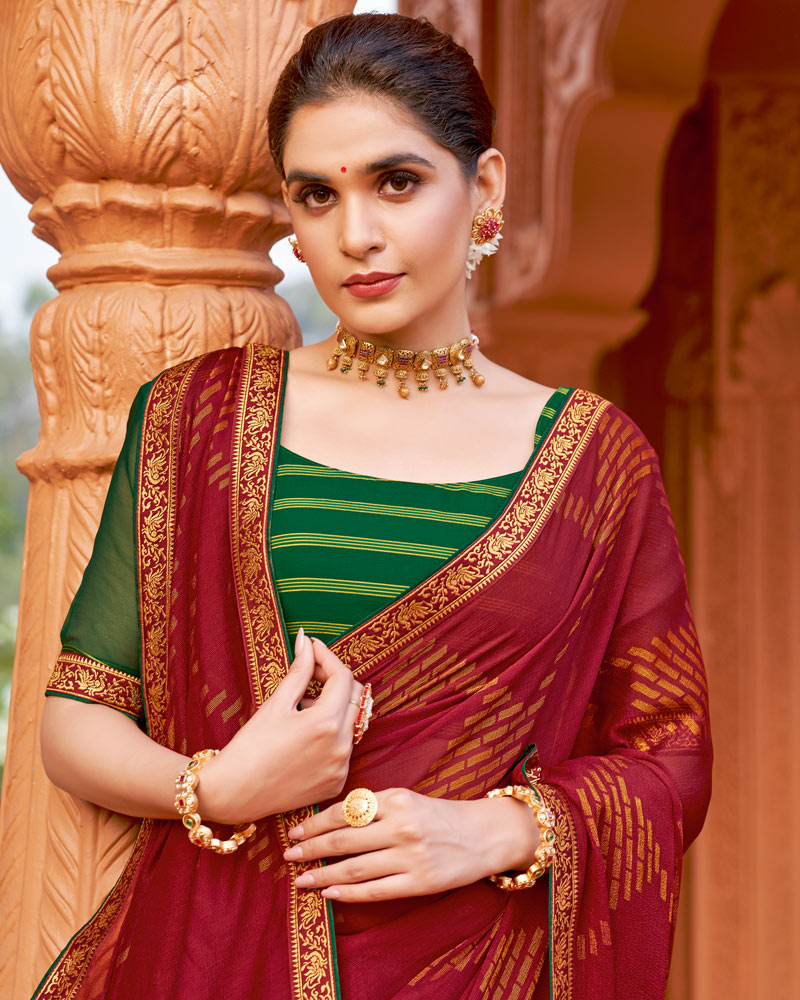 Vishal Prints Dark Brick Red Printed Chiffon-Brasso Saree With Zari Border