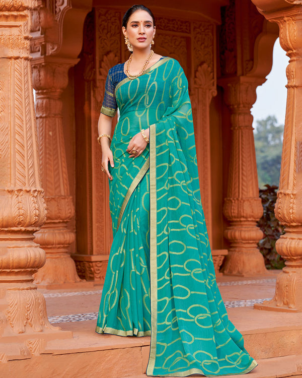 Vishal Prints Teal Blue Printed Chiffon-Brasso Saree With Zari Border