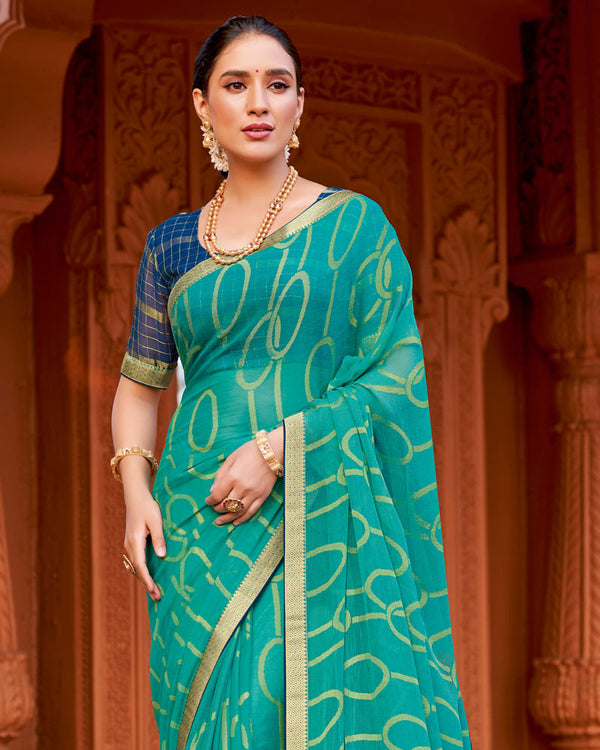 Vishal Prints Teal Blue Printed Chiffon-Brasso Saree With Zari Border