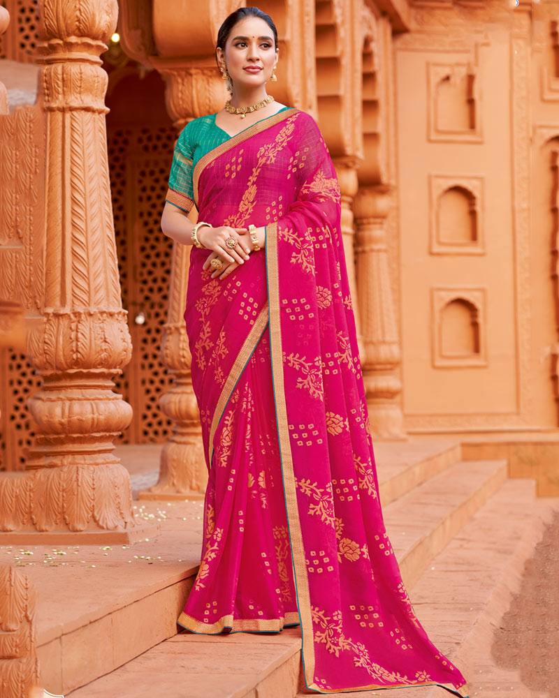 Vishal Prints Raspberry Pink Printed Chiffon-Brasso Saree With Zari Border