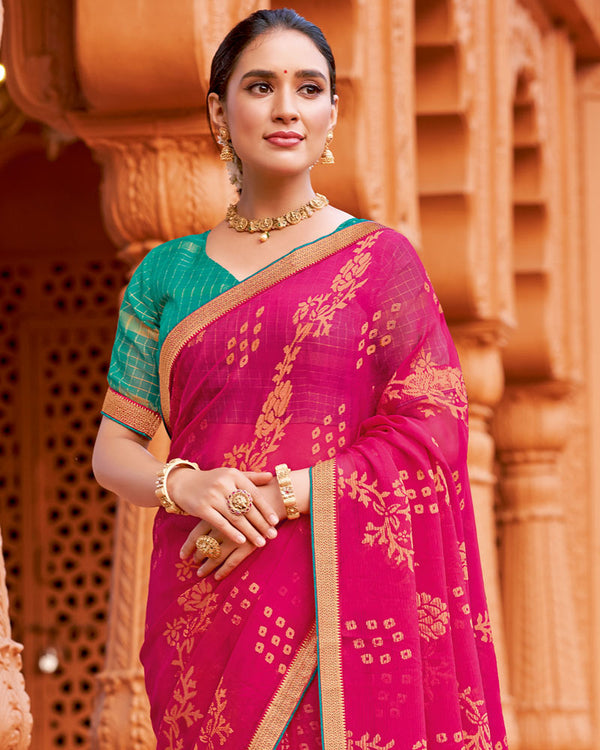 Vishal Prints Raspberry Pink Printed Chiffon-Brasso Saree With Zari Border