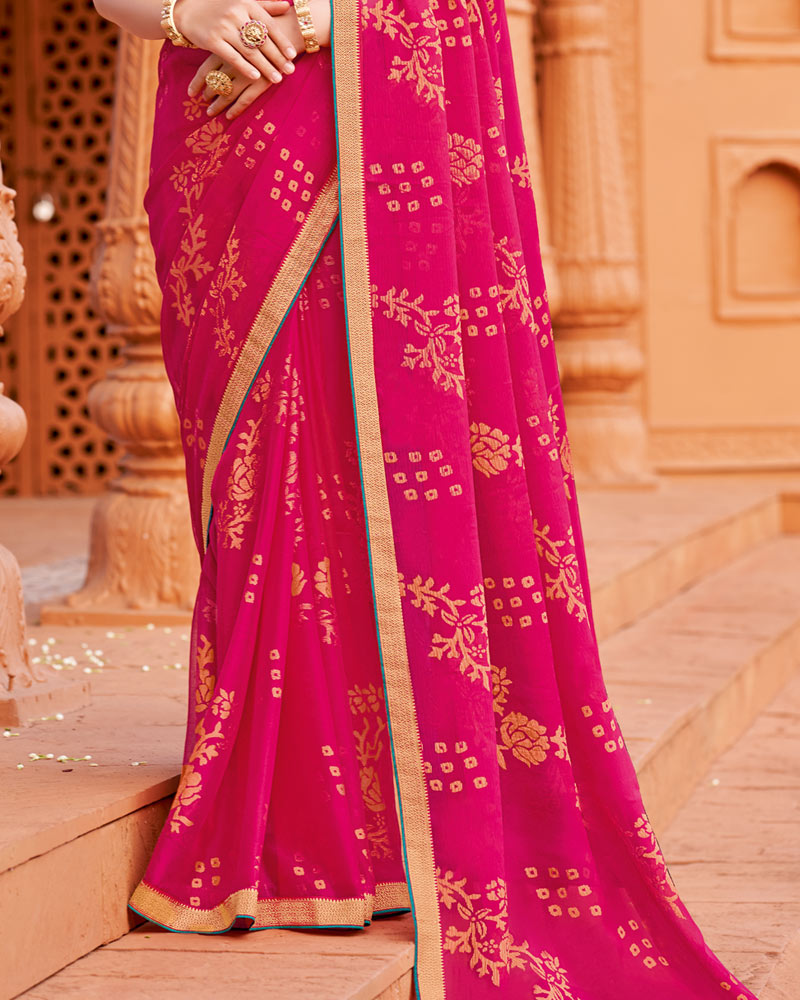 Vishal Prints Raspberry Pink Printed Chiffon-Brasso Saree With Zari Border