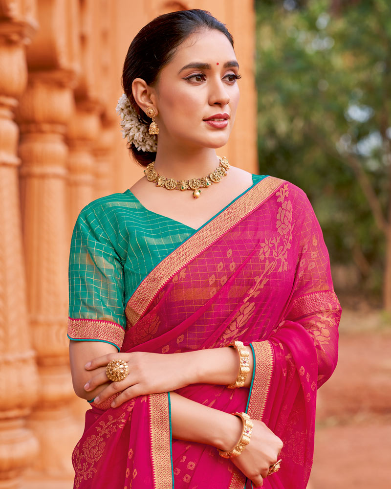 Vishal Prints Raspberry Pink Printed Chiffon-Brasso Saree With Zari Border