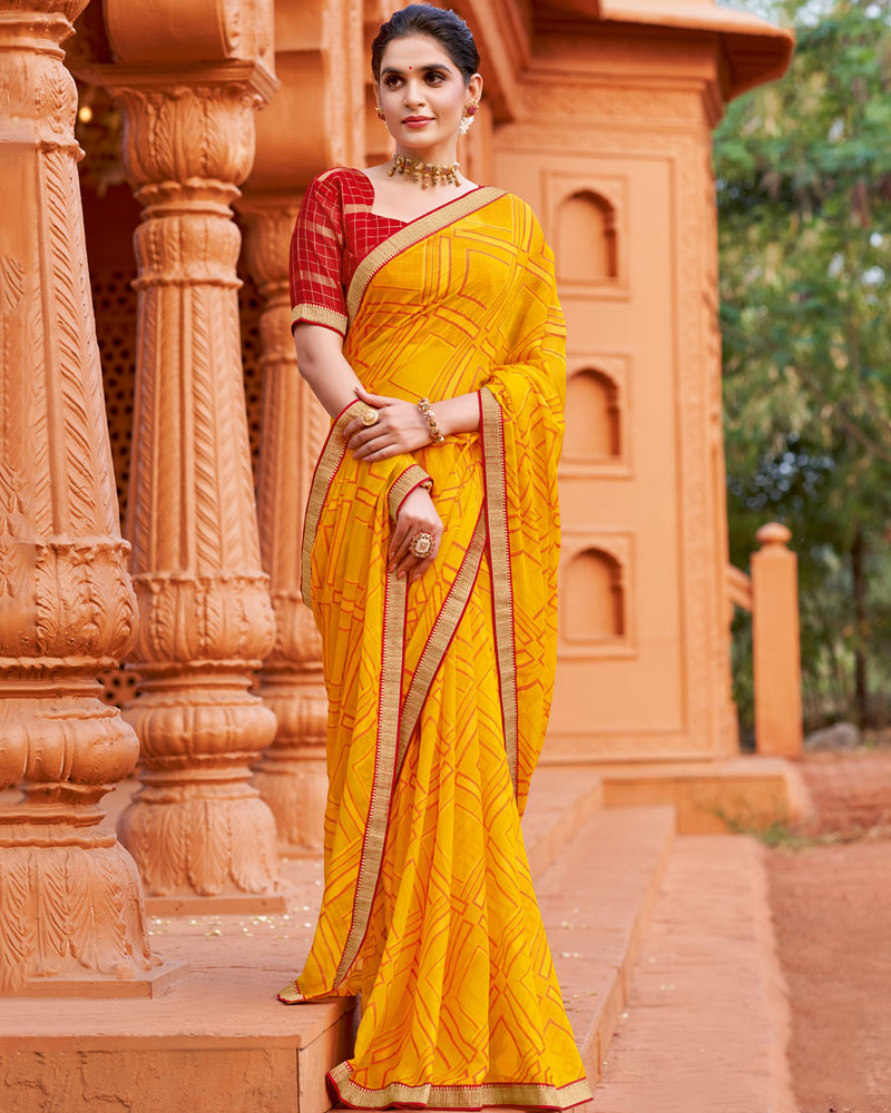 Vishal Prints Mustard Yellow Printed Chiffon-Brasso Saree With Zari Border