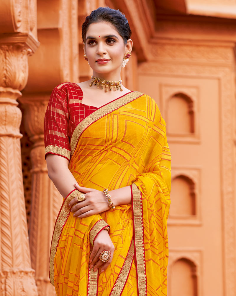 Vishal Prints Mustard Yellow Printed Chiffon-Brasso Saree With Zari Border