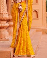 Vishal Prints Mustard Yellow Printed Chiffon-Brasso Saree With Zari Border