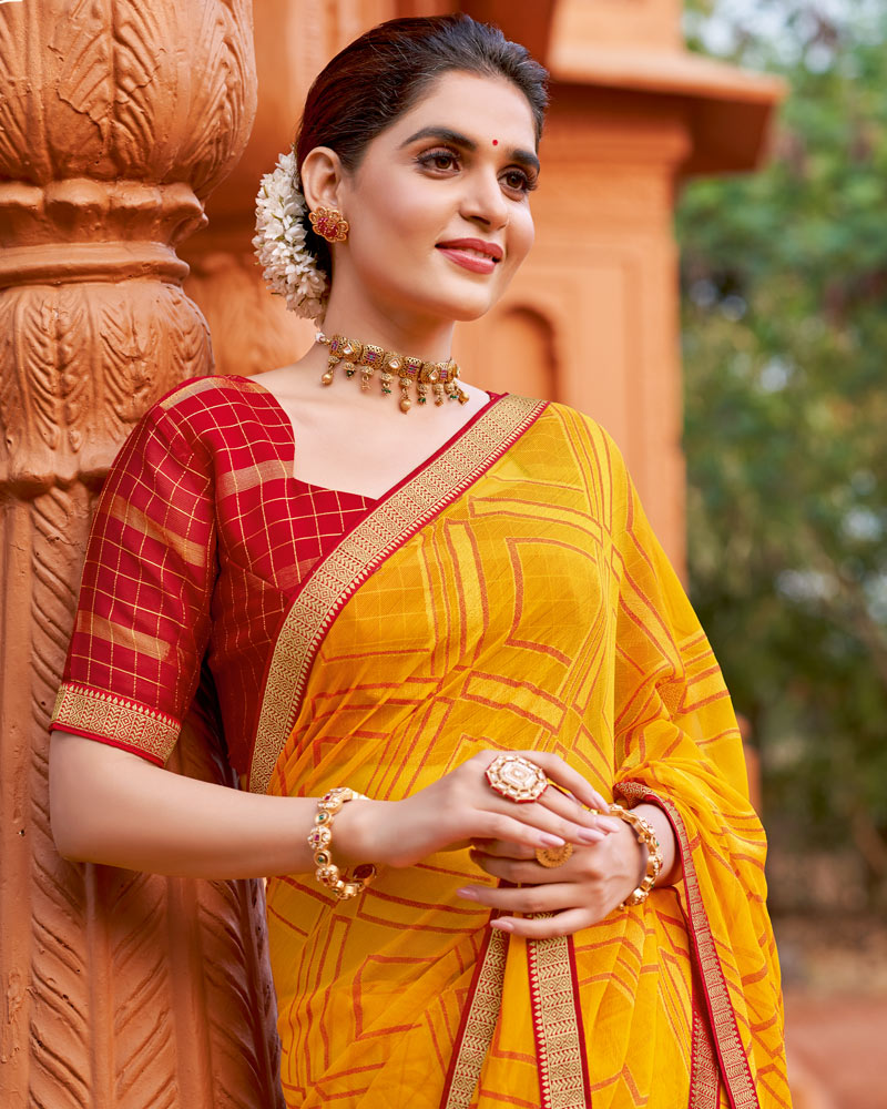 Vishal Prints Mustard Yellow Printed Chiffon-Brasso Saree With Zari Border