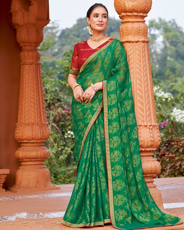 Vishal Prints Spring Green Printed Chiffon-Brasso Saree With Zari Border