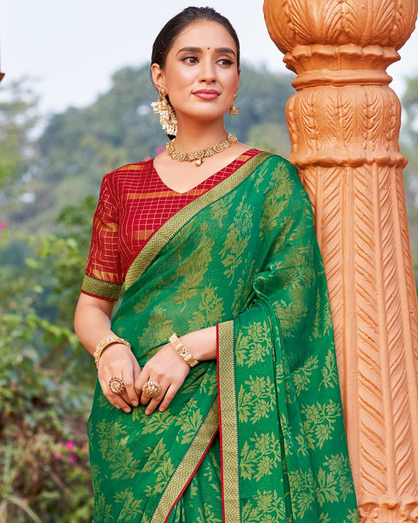 Vishal Prints Spring Green Printed Chiffon-Brasso Saree With Zari Border