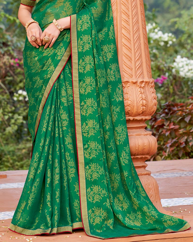 Vishal Prints Spring Green Printed Chiffon-Brasso Saree With Zari Border